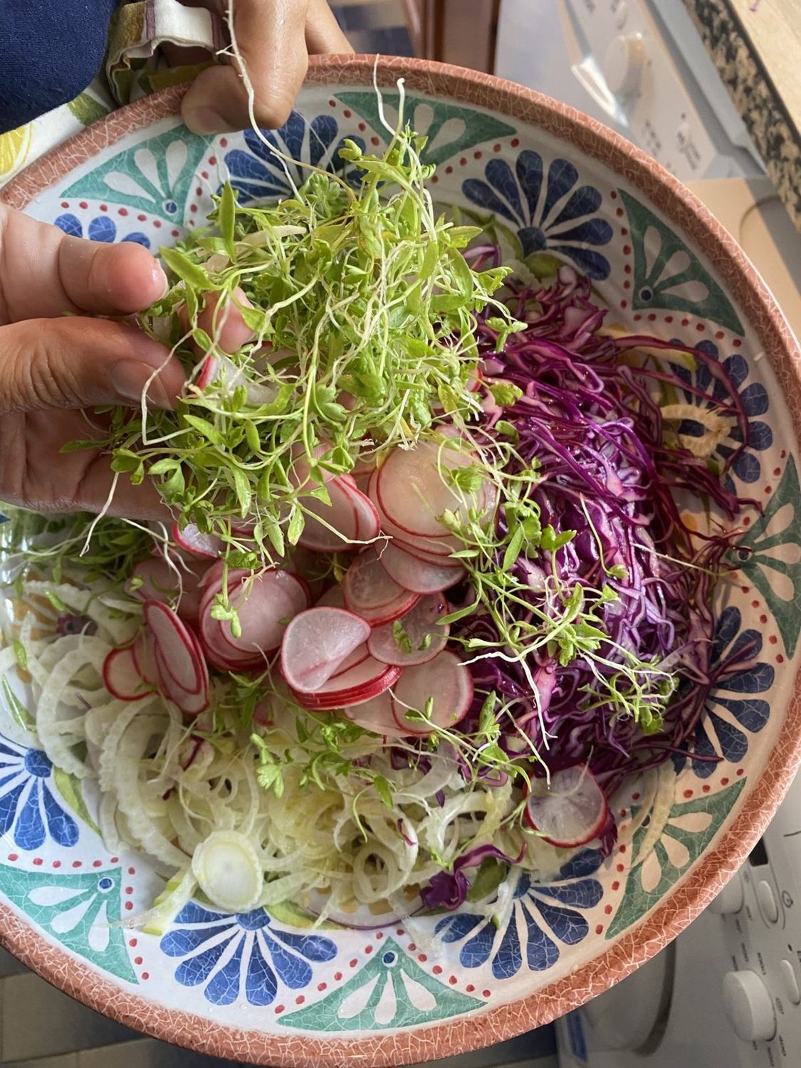 A hand adding microgreens to a colourful radish and red-cabbage salad